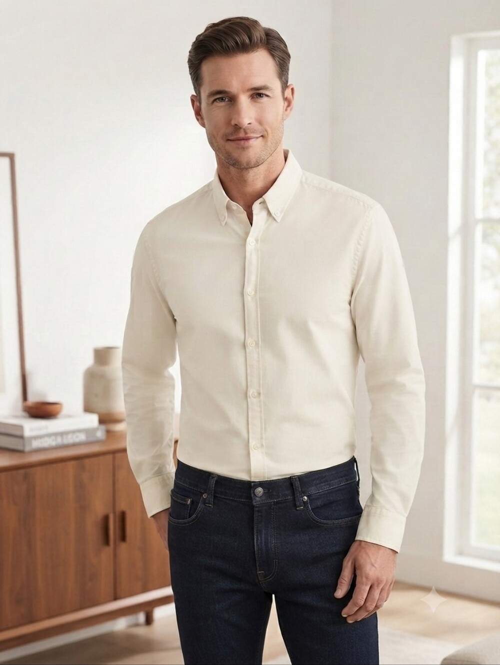 Boss Slim-Fit Button-Down Shirt In Cream, Size Large